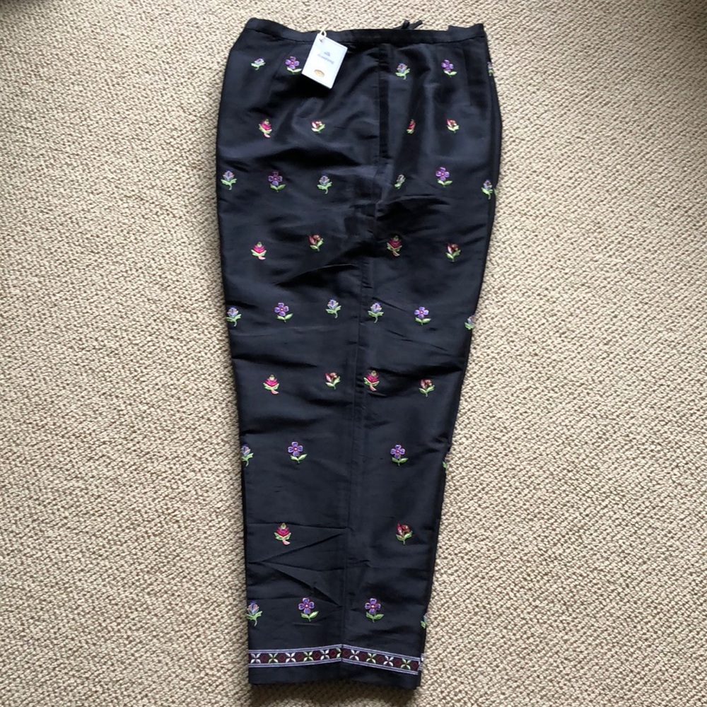 Black embroidered silk pants. 14p